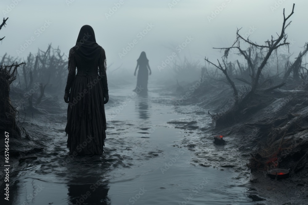 person stands in the fog in the ominous forest person stands in the fog in the ominous forest