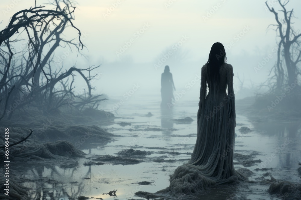 person stands in the fog in the ominous forest person stands in the fog in the ominous forest