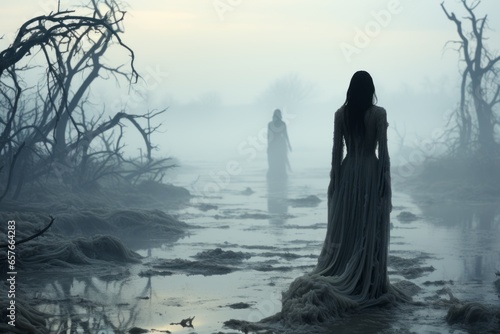 person stands in the fog in the ominous forest 