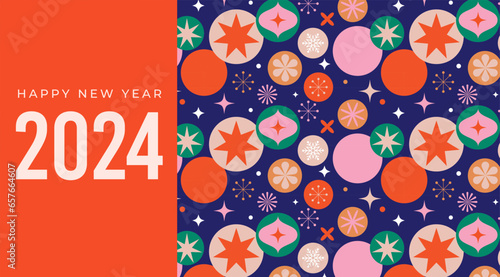 Christmas background in modern minimalist geometric style. Colorful illustration in flat cartoon style. Christmas decorations with geometrical patterns, stars and abstract elements