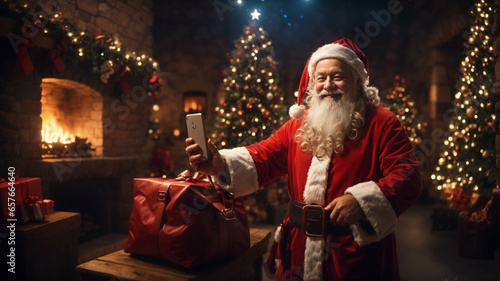 Funny smiling Santa Claus taking a selfie, looking at camera while leaving gifts at happy children's houses, on Christmas night, space for text