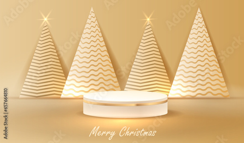 Christmas card with paper pattern trees and podium in gold design. Xmas area to display gift sale product. Happy New Year concept.