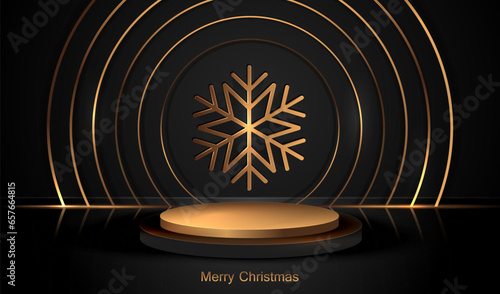Christmas studio with gold podium and snowflake background. Holiday winter design with place to display product sale or gift. Happy New Year vector card.  
