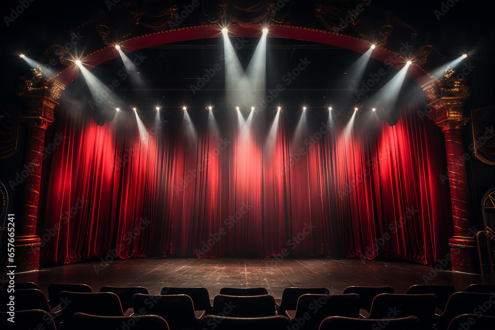 Spotlight on a Majestic Theater Stage with Opening Red Curtains - obrazy, fototapety, plakaty 