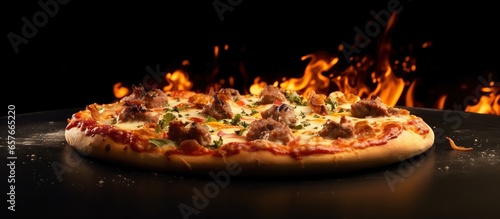 Warm meat pizza with delicious flavorful smoke
