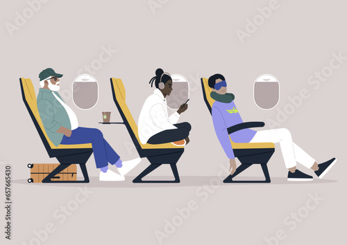 A diverse group of travelers, both resting and working inside an airplane during their journey