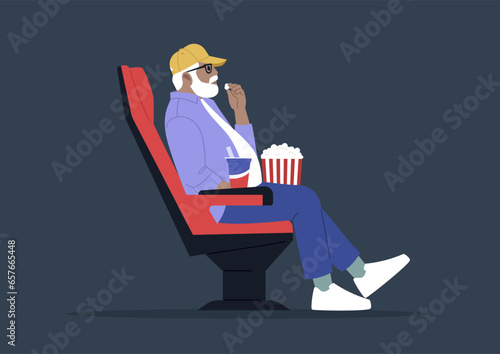 Senior male character indulging in snacks while watching a movie at the cinema, capturing the essence of entertainment