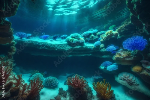A bizarre underwater tunnel filled with bioluminescent animals and coral in different colors 
