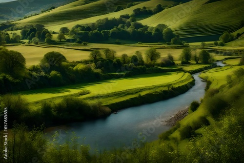 A serene rural setting with a flowing river and hills is seen.