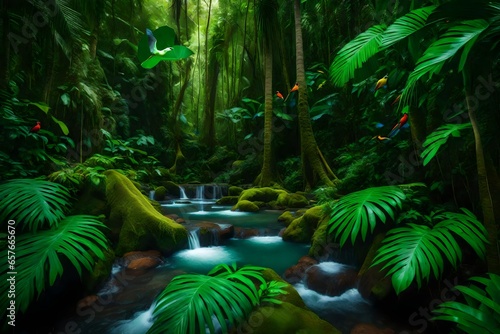 A beautiful tropical rainforest with rare birds and brightly colored vegetation.