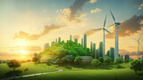 Clean energy city with wind turbines  at sunset sky. Renewable energy concept. ai generative
