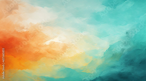Vibrant Watercolor Brush Strokes, Energetic blend of orange, blue, and green on teal background
