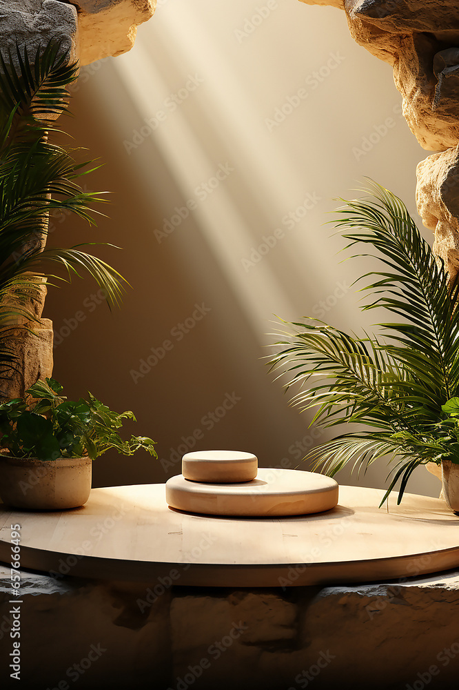 Obraz premium natural product Round pedestal sand beige green laxury style