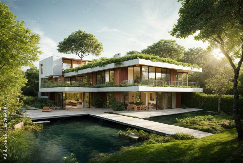 modern Ecological Glass house whit pool: Sustainable Building with Trees and Green Environment, sustainable living concept
