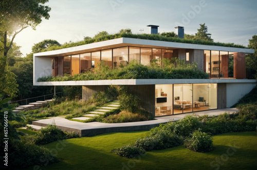 modern Ecological Glass house: Sustainable Building with Trees and Green Environment, sustainable living concept  © anandart