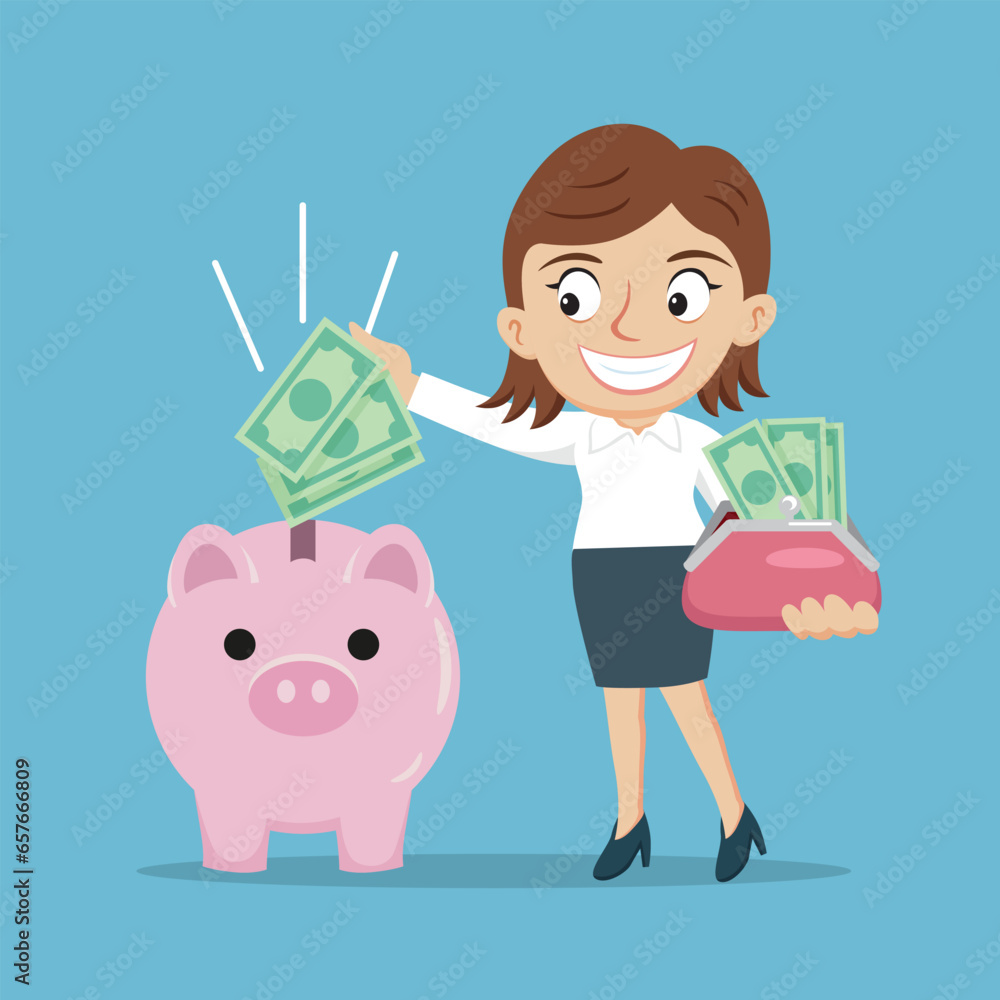 Businesswoman with piggy bank and saving money, illustration, vector, cartoon, EPS 10. Businesswoman with piggy bank and saving money, illustration, vector, cartoon, EPS 10.