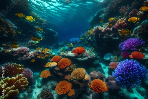 Brilliant  unearthly colors abound on this underwater coral reef. 