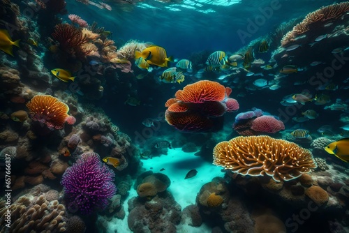 A coral reef under the sea that is vibrant and has surreal colors.