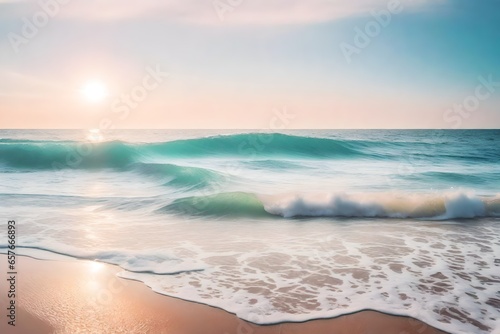 A seascape with soft hues with calm waves lapping on the shore. 