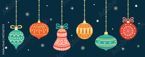 Set of colorful hanging Christmas balls and decorations. Christmas holiday concept. Vector flat cartoon illustration on blue background.
