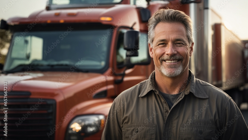 Smiling portrait of a happy middle aged caucacian male truck driver working for a trucking company, space for text