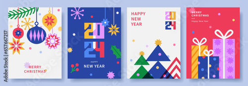 Merry Christmas and Happy New Year set of backgrounds, greeting cards, posters, holiday covers. Xmas templates with typography and modern minimalist geometric style for web, social media, print.