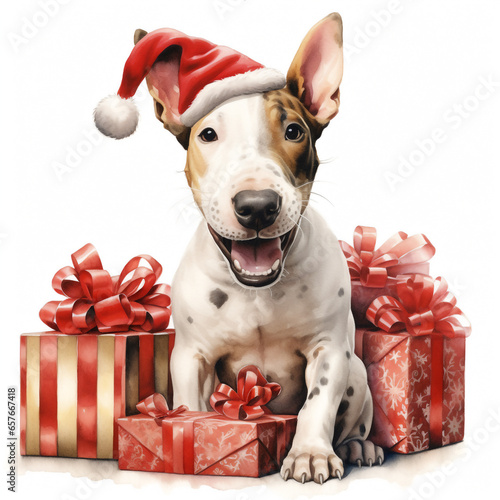 Fotobehang Bull Terrier puppy Wearing a Santa hat, with gift boxes