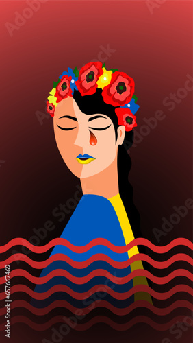 Ukrainian woman with a bloody tear on her cheek. Ukrainian girl is crying.