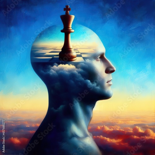 Fototapeta Male human profile with single chess piece chessboard and clouds inside his head, strategy and intelligence themed artwork in surreal oil painting style