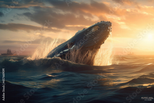 The humpback whale is a majestic and graceful creature, and this photo captures its amazing behavior as it breaches out of the water. AI Generative. © sorapop