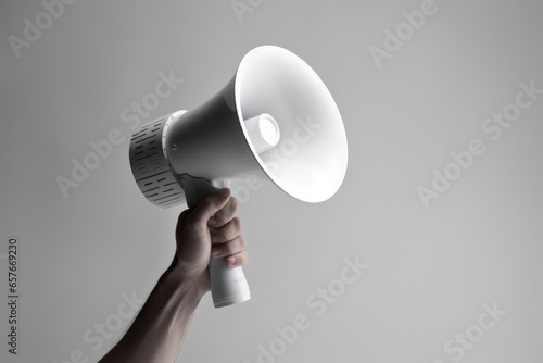 Hand holding megaphone, marketing and sales, white background
