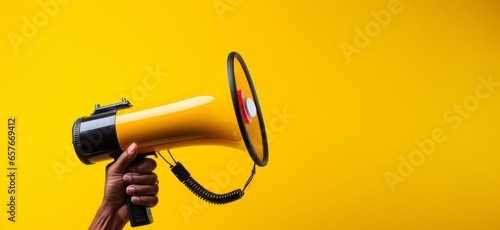 Hand holding megaphone, marketing and sales, yellow background