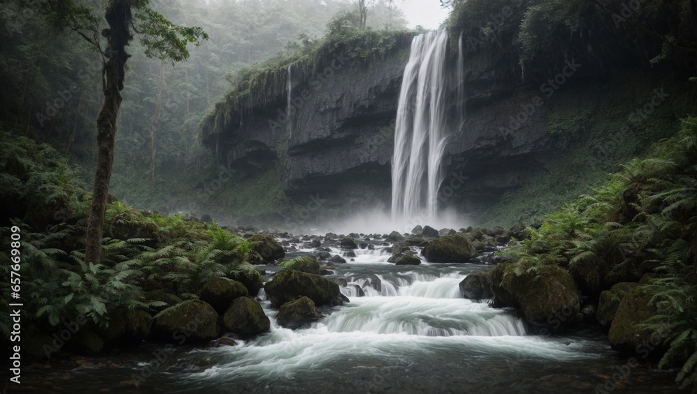 Naklejka premium Rainy landscape of a waterfall in a misty valley. River with rocks and rapids in a forest, cold and cloudy weather