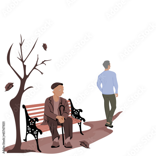 Back view of a man walking leaving one elderly man sitting lonely on brown bench under a tree whose leaves were falling.Vector illustration flat design of society of elderly people who are left alone.