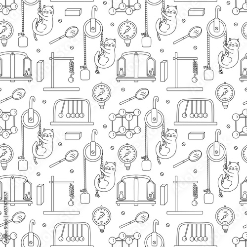 Physics sciences seamless pattern with funny cat. Vector hand drawn doodle illustration on white background.