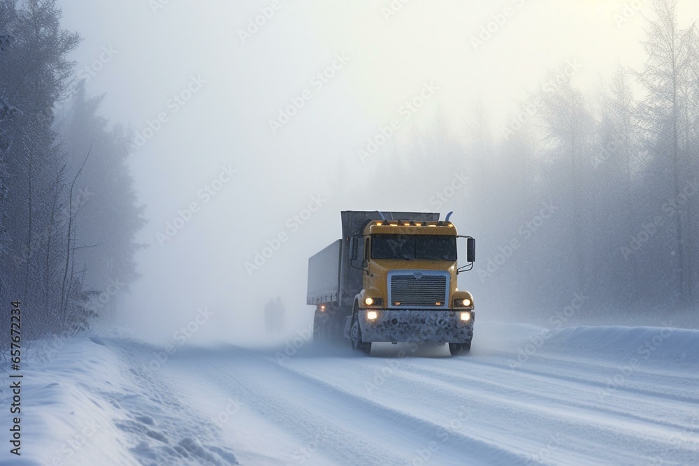 truck on snowy road in heavy blizzard. Generative AI