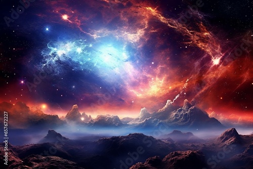 Vibrant cosmos with nebulae, stars, and galaxies. Digital artwork showcasing a 3D-rendered universe landscape. Generative AI