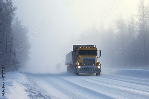 truck on snowy road in heavy blizzard. Generative AI © Daniel