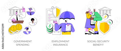 Country budget abstract concept vector illustration set. Government spending, employment insurance, social-security benefit, sickness benefit, retirement insurance, disability abstract metaphor.
