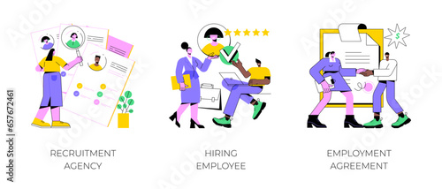 Head hunting abstract concept vector illustration set. Recruitment agency, hiring employee, employment agreement, job listing, resume, vacant job position, contract form, interview abstract metaphor.