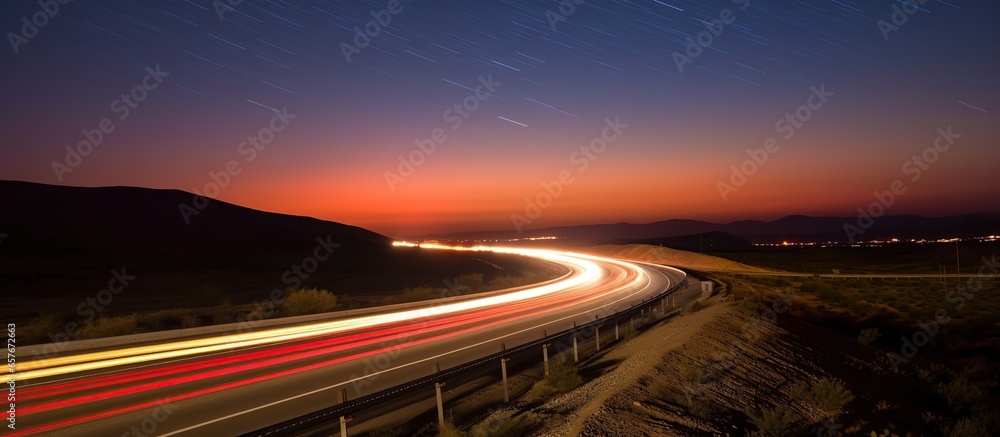 light trails on the road starry night sky background light trails on the road starry night sky background