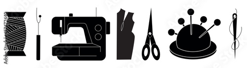 Needlework set concept. Various sewing tools. Needles, scissors, yarn, sewing machine, buttons, spools, threads. Hand drawn silhouette vector set. Cartoon style, flat design. Isolated on background