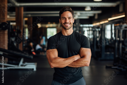 Man gym teacher wearing a black t-shirt smiling at camera