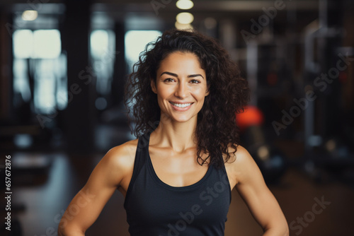 A woman gym teacher wearing a black t-shirt smiling at the camera