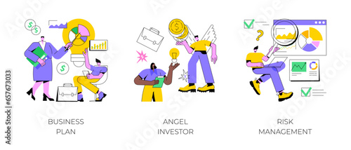 Startup development abstract concept vector illustration set. Business plan, angel investor, risk management, entrepreneur, fundraising and online crowdfunding, investment capital abstract metaphor.