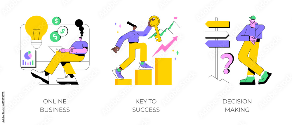 Fototapeta premium Business opportunity abstract concept vector illustration set. Online business, key to success, decision making, problem solving, leadership, startup teamwork, collaboration abstract metaphor.