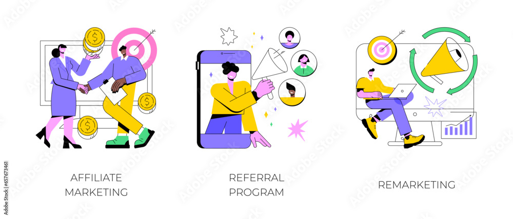 Internet promotion strategy abstract concept vector illustration set. Affiliate marketing, referral program, remarketing, online sales management, targeted advertising, loyalty abstract metaphor.