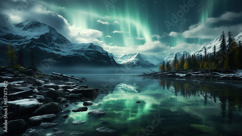 Big Snow Moutains Reflect on Frozon Lake Water Alps Foggy Aurora Background