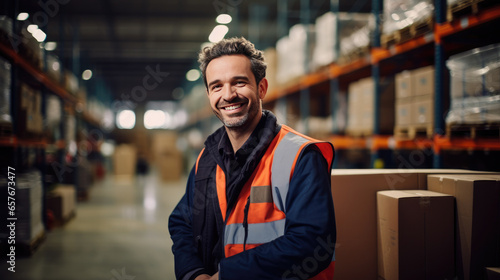 Happy young worker man factory manager working in warehouse while smiling - Generative AI photo