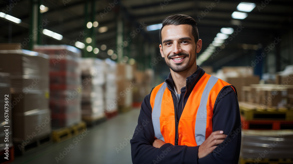 Happy young worker man factory manager working in warehouse while smiling - Generative AI Happy young worker man factory manager working in warehouse while smiling - Generative AI
